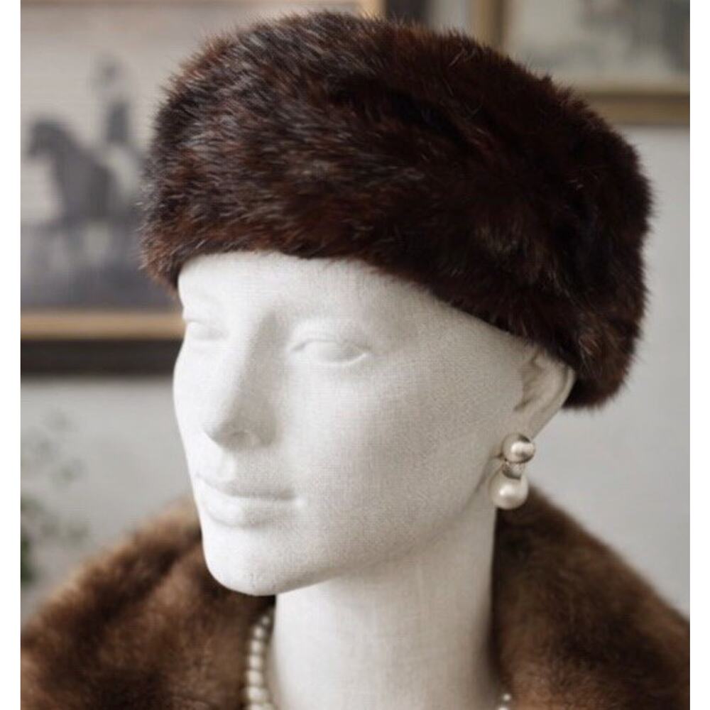 Vtg 1950s Mink Fur Pillbox Hat Brown Soft Glam Jackie O Retro Winter Cap